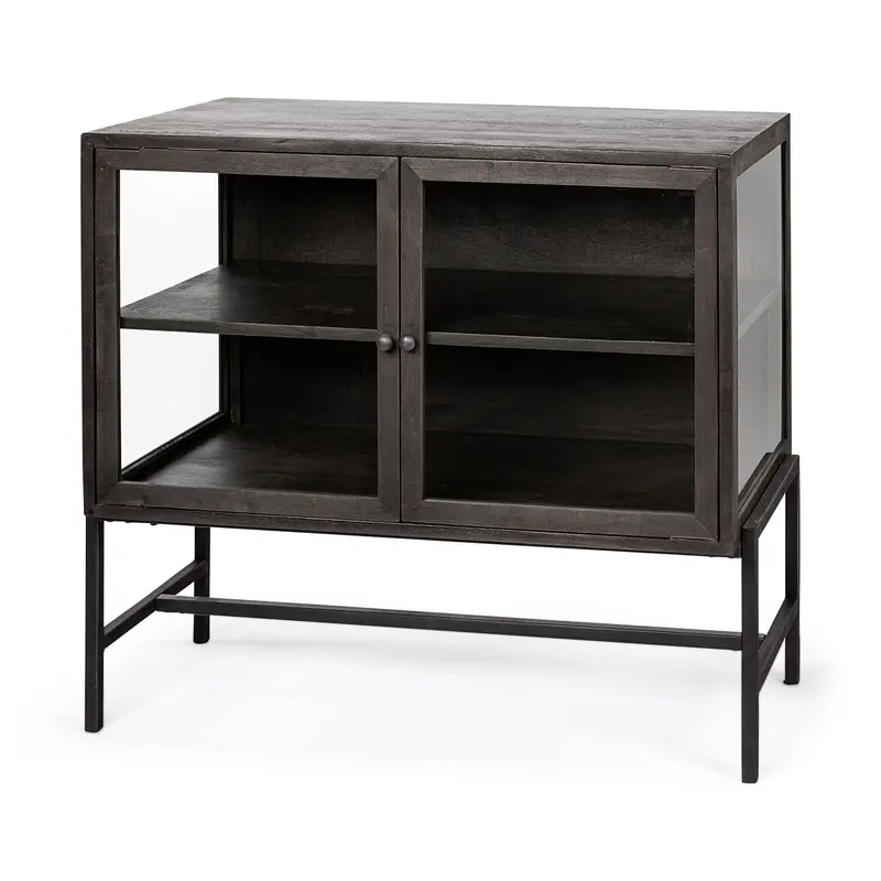 Arelius Black-Brown Accent Cabinet – 36"L × 18"W × 32"H, Dual Glass Doors, Black Metal Support 1