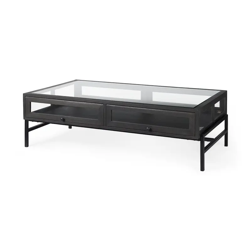 Arelius Black-Brown Coffee Table – 42"L Rectangular Glass Top, Black Metal Frame 1