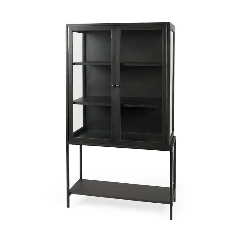 Arelius Black-Brown Wood Display Cabinet With Black Metal Base (36"L × 18.75"W × 63"H) 1