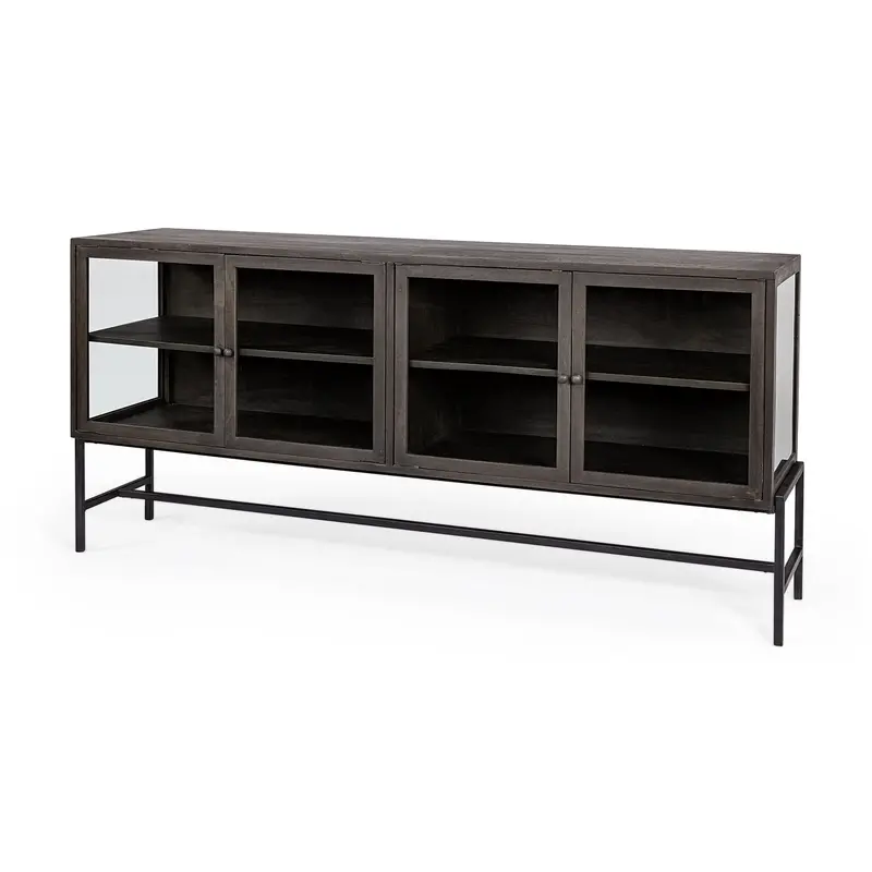 Arelius Black-Brown Wood Sideboard With Black Metal Base & Four Glass Doors (70"L × 18.75"W × 32"H) 1