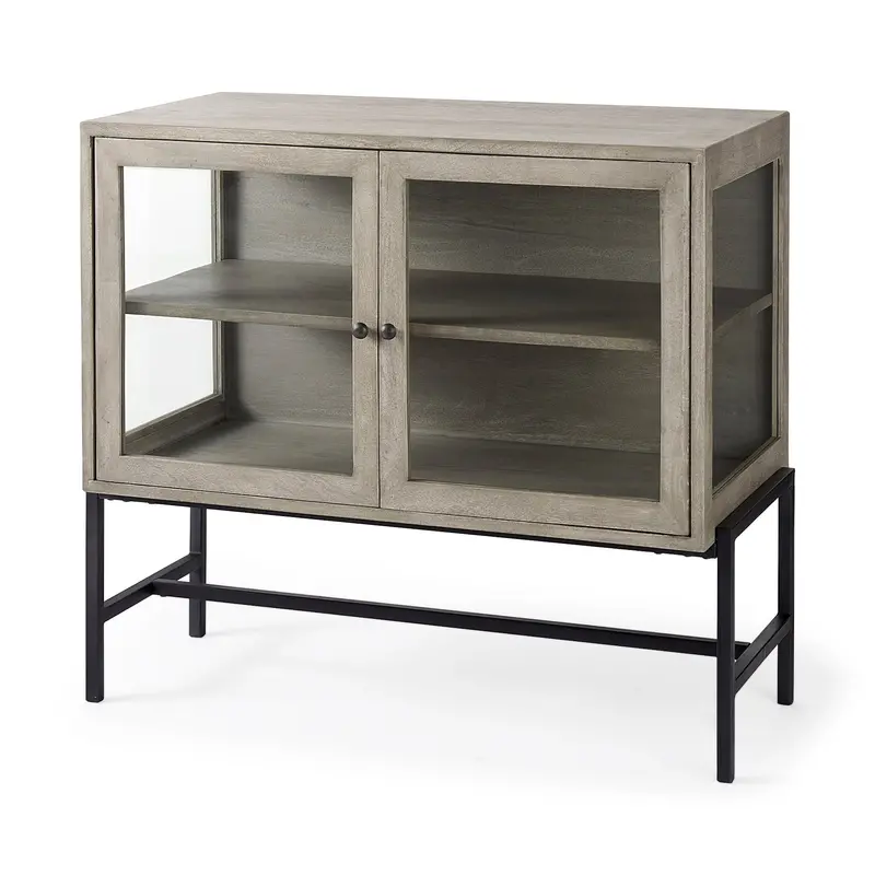 Arelius Gray Wood Accent Cabinet – 36"L × 18"W × 32"H, Black Metal Base, Glass-Front Doors 1