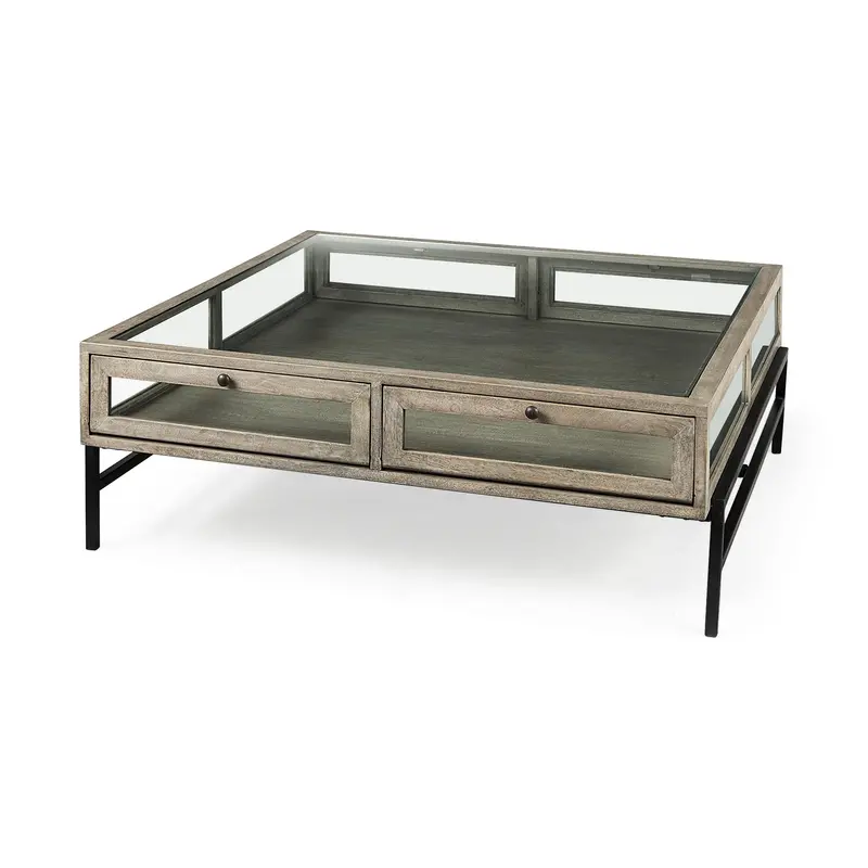 Arelius Gray Wood Square Coffee Table – 42" Glass Surface, Black Metal Base 1