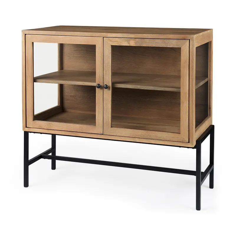Arelius Light Brown Accent Cabinet – 36"L × 18"W × 32"H, Two Glass Doors, Black Metal Frame 1