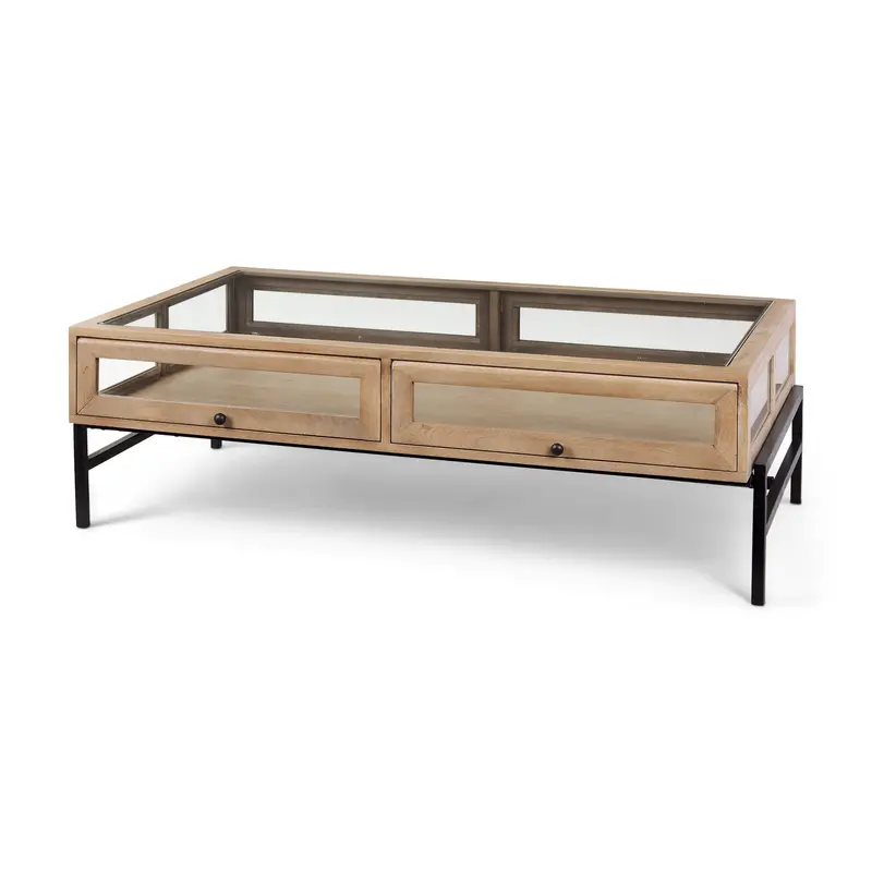 Arelius Light Brown Coffee Table – 42"L Rectangular Glass Top, Black Metal Base 1