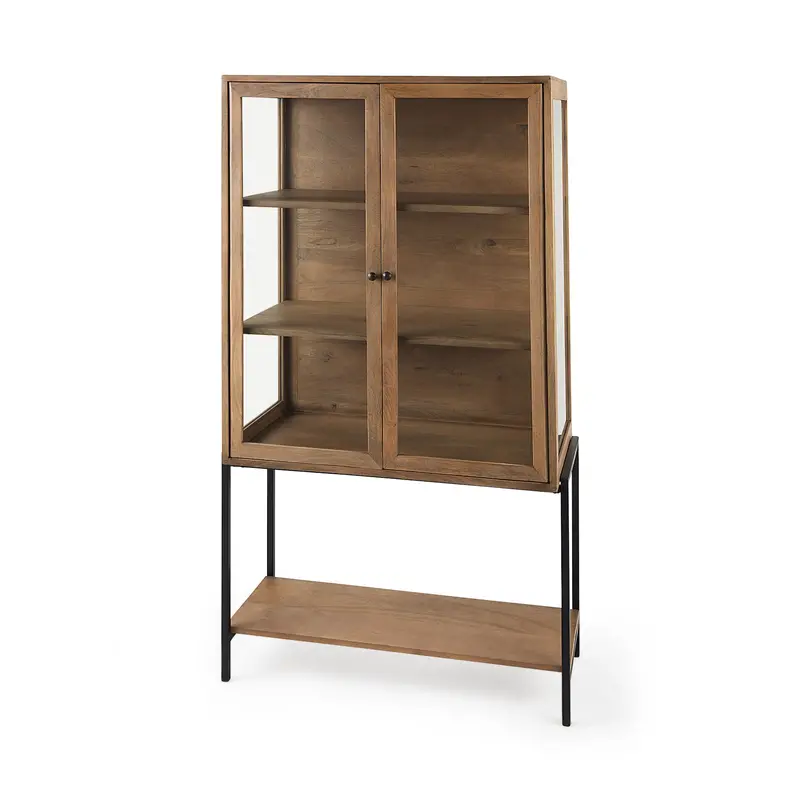 Arelius Light Brown Display Cabinet – 36"L × 18.75"W × 63"H With Black Metal Base 1