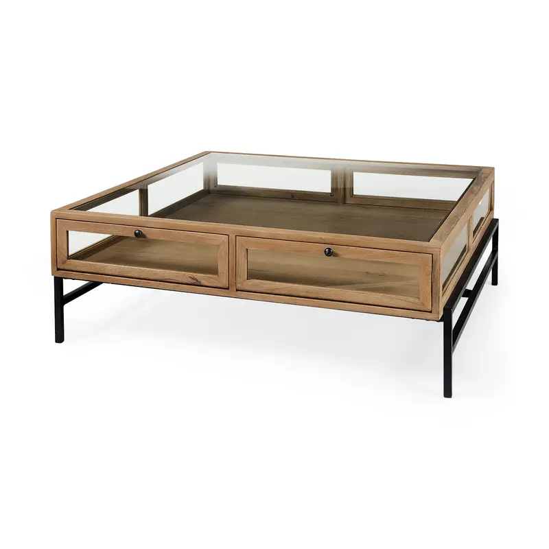 Arelius Light Brown Square Coffee Table – 42" Glass Top, Black Metal Legs 1