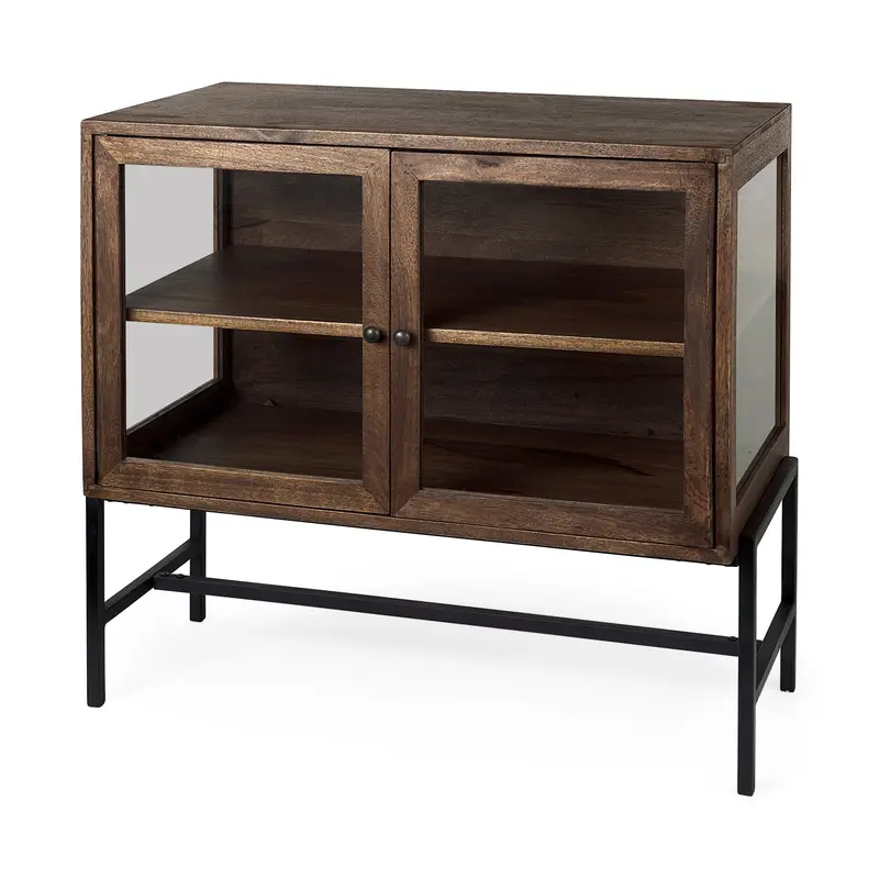 Arelius Medium Brown Accent Cabinet – 36"L × 18"W × 32"H, Dual Glass Doors, Black Metal Base 1