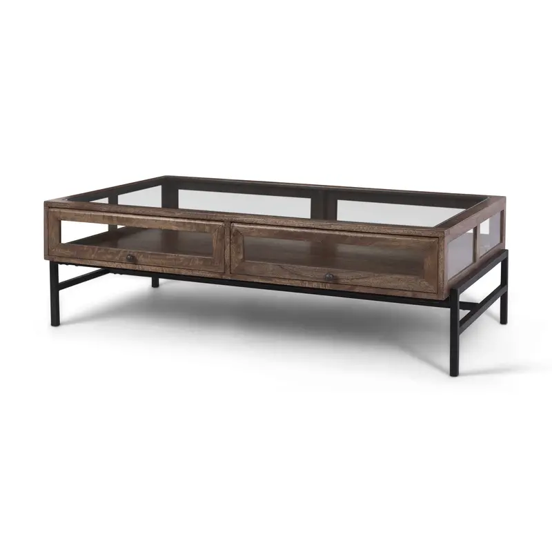 Arelius Medium Brown Coffee Table – Rectangular Glass Top, Black Metal Frame 1