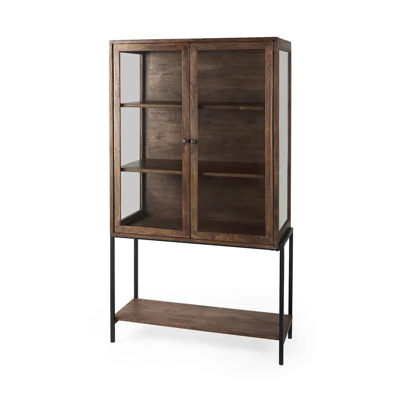 Arelius Medium Brown Wood Display Cabinet With Black Metal Base (36"L × 18.75"W × 63"H) 1