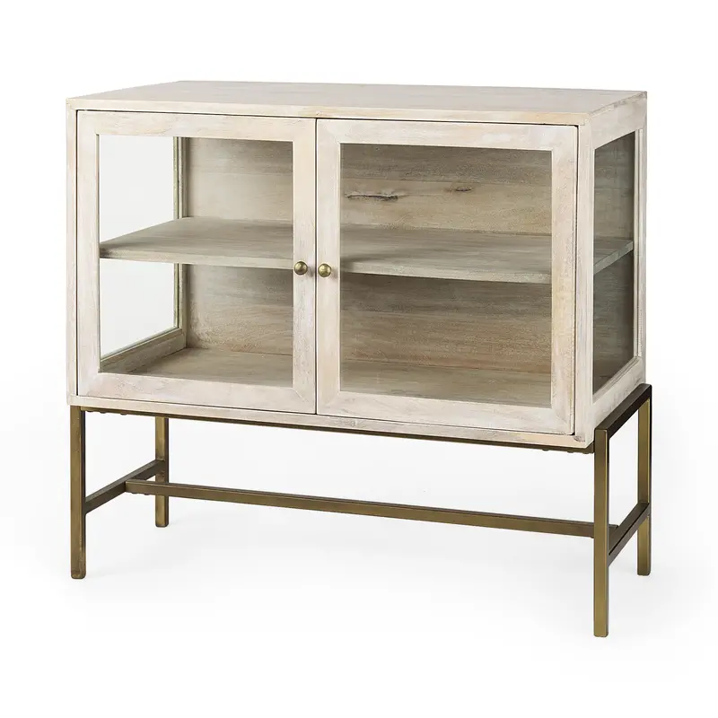 Arelius White Accent Cabinet – 36"L × 18"W × 32"H, Gold Metal Base, Dual Glass Doors 1