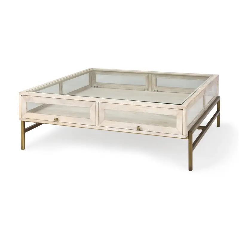 Arelius White Square Coffee Table – 42" Glass Top, Gold Metal Frame 1