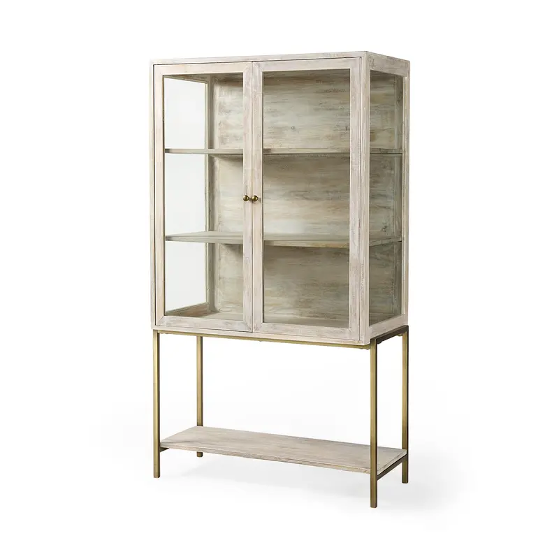 Arelius White Wood Display Cabinet With Gold Metal Base (36"L × 18.75"W × 63"H) 1