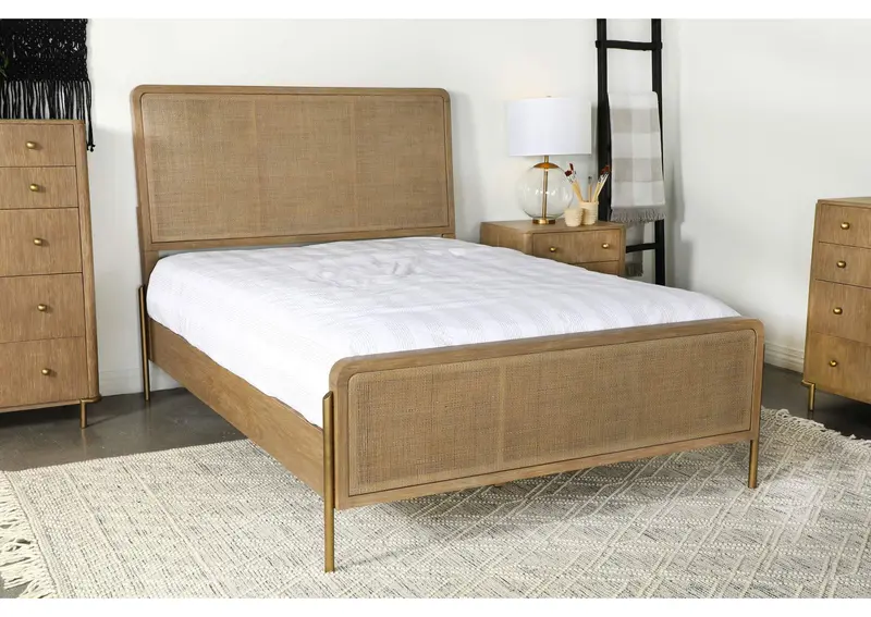 Arini Sand Wash & Natural Rattan California King Panel Bed – Textured Coastal Style 1