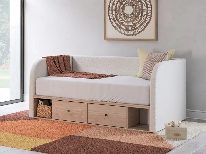Arloster Tan/White Twin Upholstered Daybed With Under-Bed Storage 1