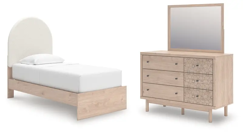 Arloster Twin Upholstered Panel Bed Set – Dresser & Mirror 1