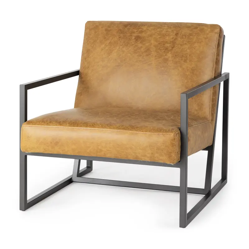 Armelle Ii Accent Chair – Brown Leather Seat With Modern Gray Metal Frame 1