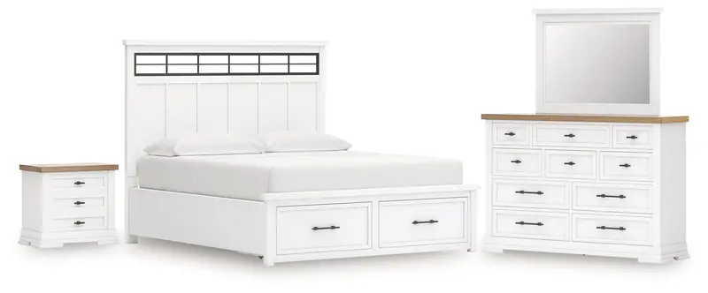 Ashbryn White/Natural California King Storage Panel Bed With Mirrored Dresser And Nightstand 1