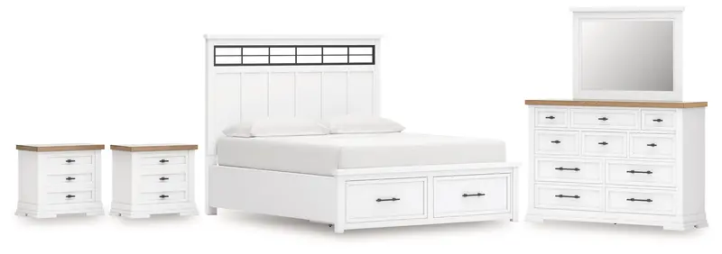 Ashbryn White/Natural California King Storage Panel Bed With Mirrored Dresser And Two Nightstands 1