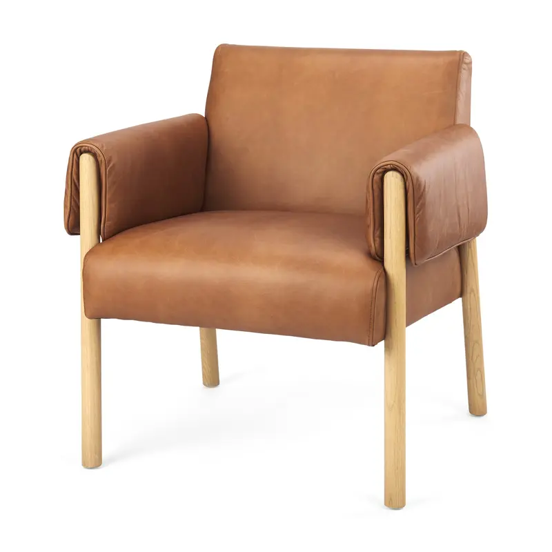 Ashton Accent Chair – Brown Leather Upholstery With Light Wood Frame 1