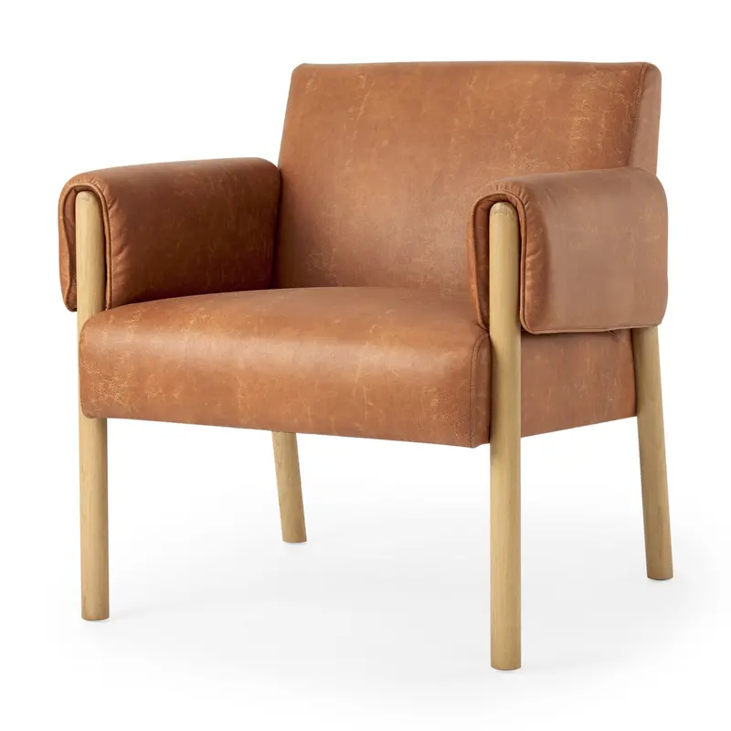 Ashton Accent Chair – Brown Vegan Leather With Light Wood Trim 1
