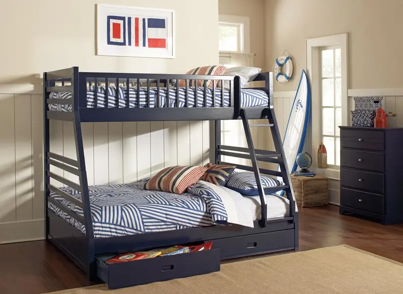Ashton Navy Blue Twin-Over-Full Bunk Bed – 2-Drawer Space-Saving Design 1