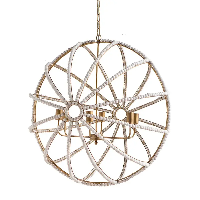 Ava White Chandelier: 34" Diameter Gold Metal & White Wood Bead Six-Light Fixture 1