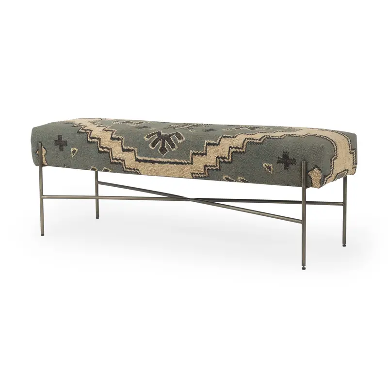 Avery I Accent Bench: 55" Multi-Colored Patterned Upholstered Seat With Metallic Base 1