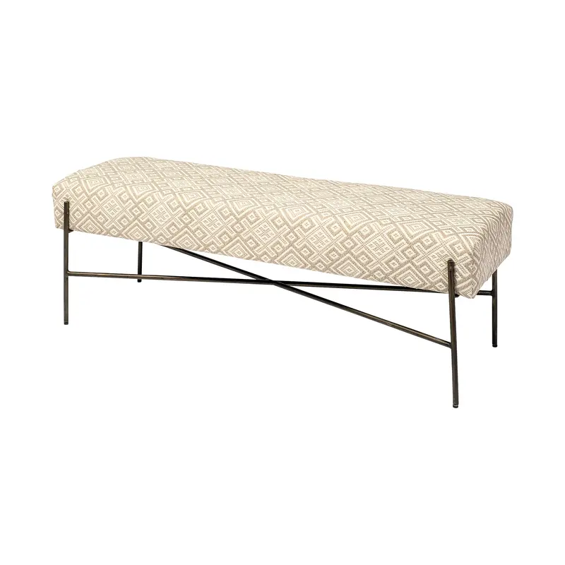 Avery Ii Accent Bench: 55" Off-White Upholstered Seat With Metallic Base 1
