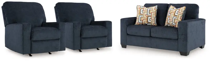 Aviemore Ink Blue Loveseat And Two Recliners – Living Room Seating Set 1