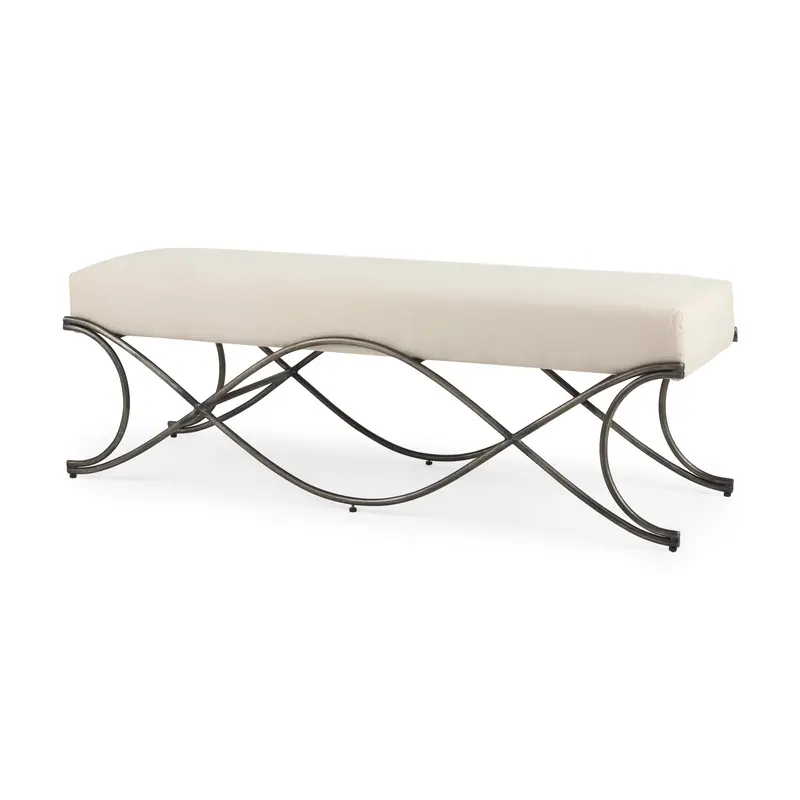 Ayla Bench With Cream Fabric Upholstery And Antique Nickel Frame – 55L X 17.6W X 18H 1