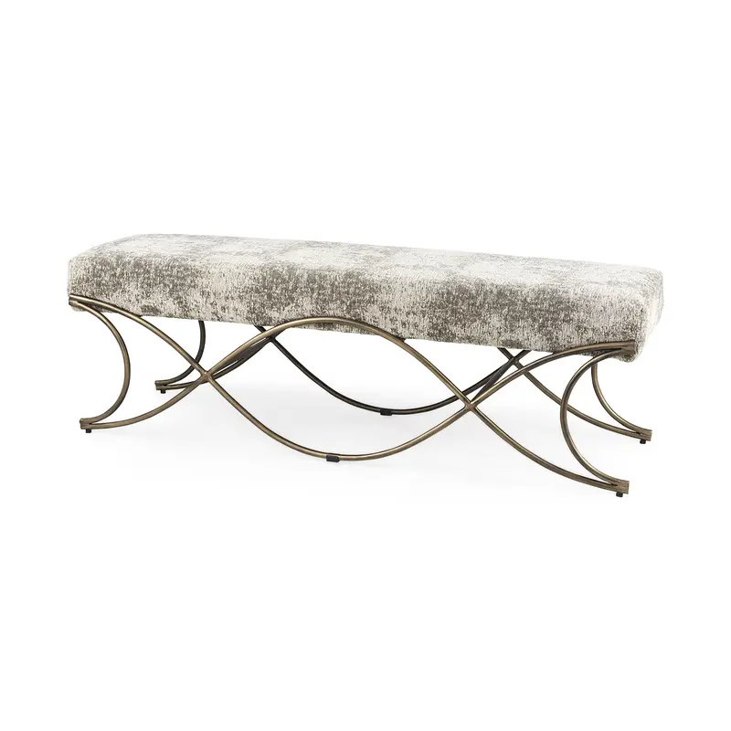 Ayla Bench With Dual-Tone Gray Fabric Seat And Antique Gold Metal Frame – 55L X 17.6W X 18H 1
