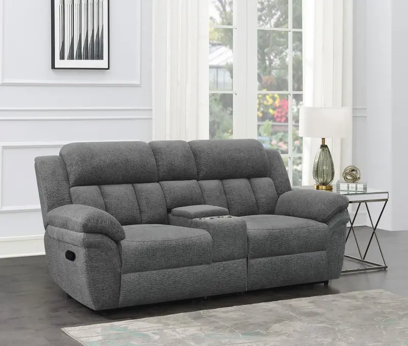 Bahrain Charcoal Motion Loveseat – Reclining Sofa With Center Console 1