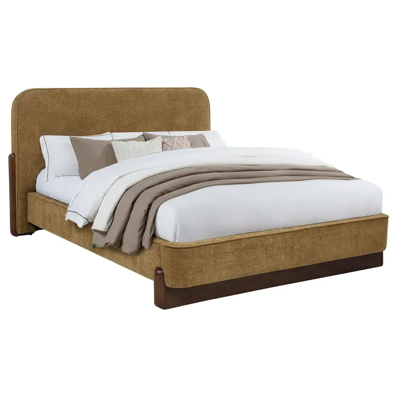 Baldacci Walnut And Curry Upholstered Eastern King Platform Bed – Contemporary Bedroom Centerpiece 1