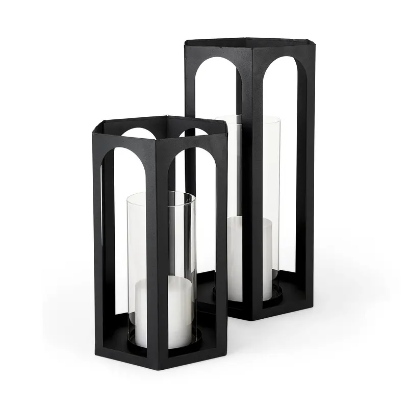 Balley Candle Lanterns – Set Of Two Matte Black Hexagonal Metal Holders 1
