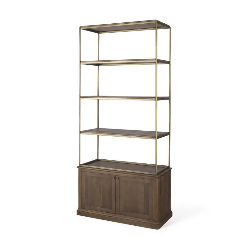Baron 2-Door Open Shelf Unit – Dark Brown Wood With Antiqued Brass Metal Details 1