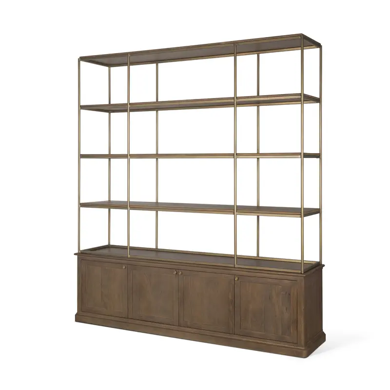 Baron Open Shelving Unit – Dark Brown Solid Wood With Antique Brass Accents 1