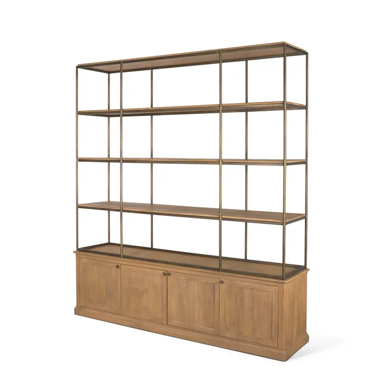 Baron Open Shelving Unit – Light Brown Solid Wood With Gunmetal-Finished Hardware 1