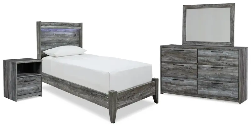Baystorm Gray Twin Panel Bedroom Set: Bed, Dresser, Mirror & Nightstand 1