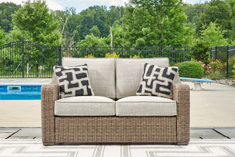 Beachcroft Beige All-Weather Outdoor Loveseat With Cushions 1
