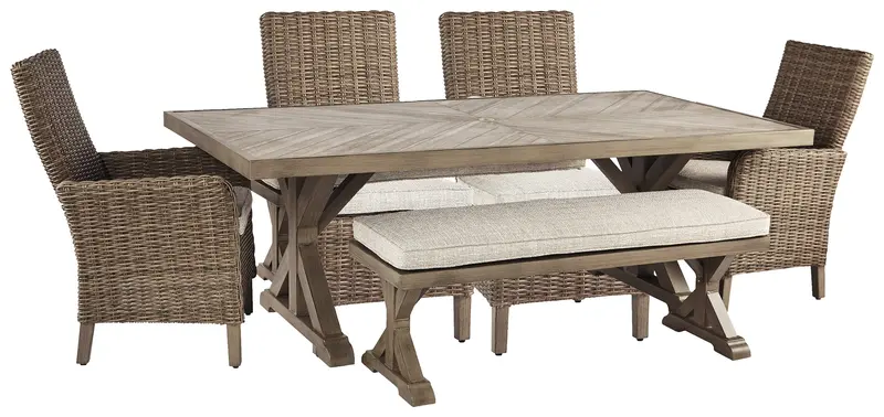 Beachcroft Beige Outdoor Dining Set: Table, Four Chairs, And One Bench 1