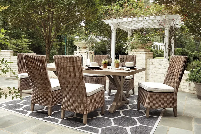 Beachcroft Beige Outdoor Dining Set: Table + Six All-Weather Chairs 1