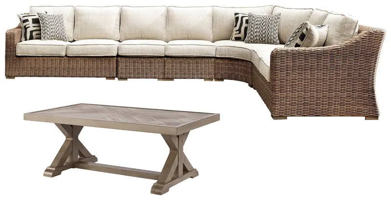 Beachcroft Beige Outdoor Sectional Set: Loveseat, Coffee Table, And Two End Tables 1