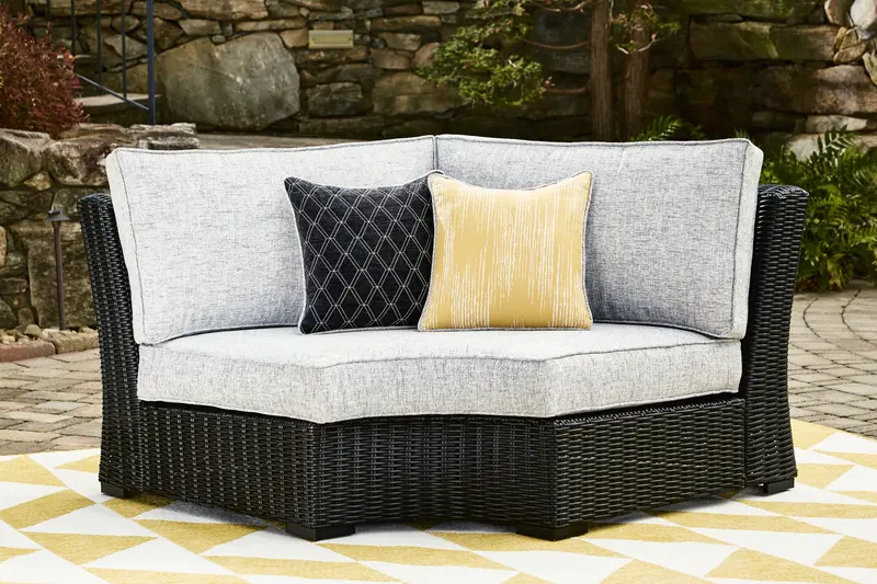 Beachcroft Black And Light Gray Outdoor Curved Corner Chair With Cushioned Seat 1