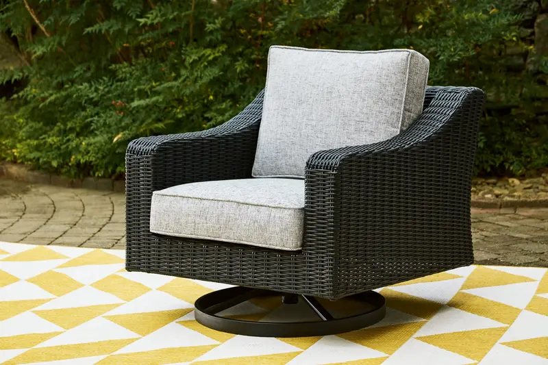 Beachcroft Outdoor Swivel Lounge Chair – Black & Light Gray With Cushion 1