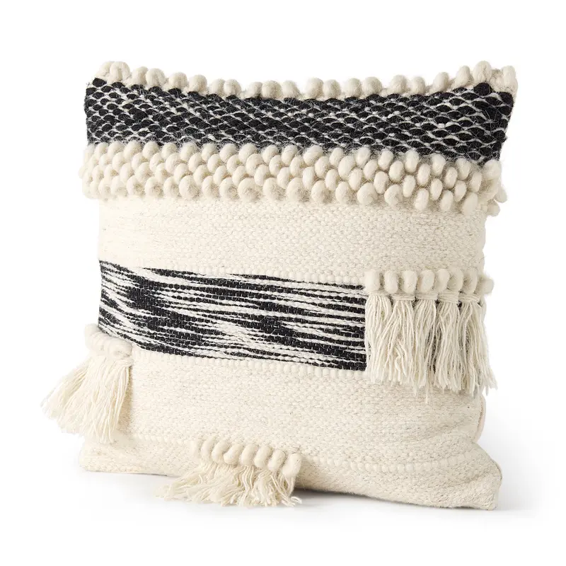 Beardell Cream-And-Black Decorative Pillow Cover With Tassels (18" × 18") 1
