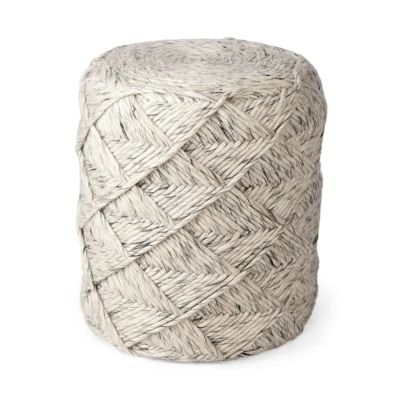 Beige Chevron-Woven Round Pouf – Textured Fabric Seating (17.7"L X 15.7"W X 15.7"H, Esfera) 1