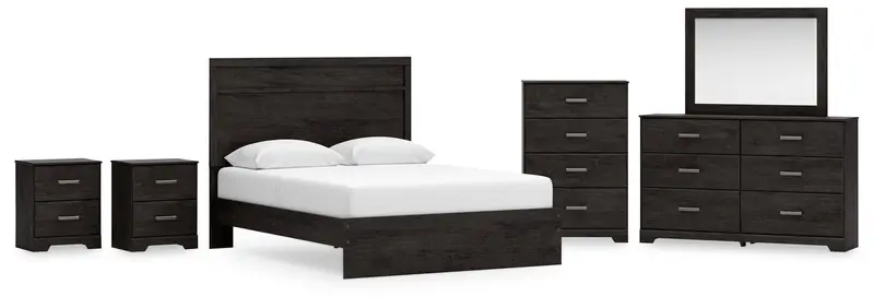 Belachime Queen Panel Bed Set – Charcoal With Mirrored Dresser, Chest & Nightstands 1