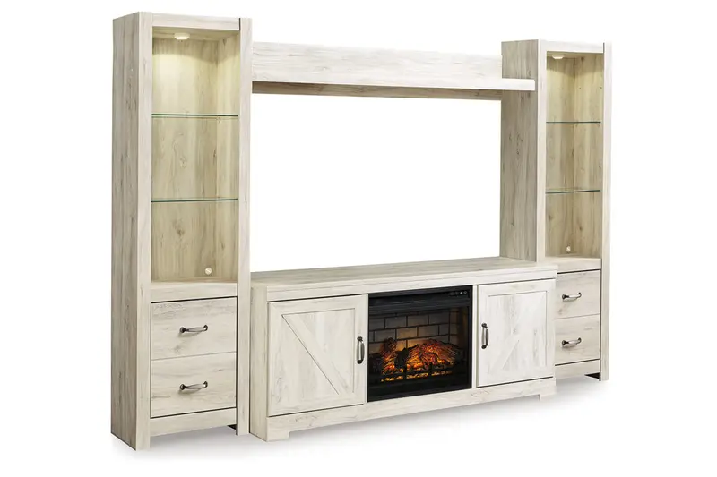 Bellaby Whitewash 4-Piece Entertainment Center Featuring Built-In Electric Fireplace 1