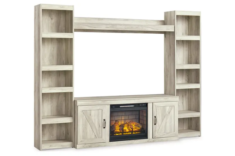 Bellaby Whitewash Entertainment Center – 4-Piece Set With Built-In Electric Fireplace 1