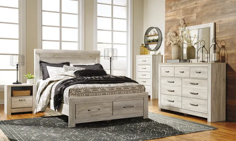 Bellaby Whitewash Queen Platform Bed With Built-In Storage Drawers + Mirrored Dresser, Chest, And Nightstands 1